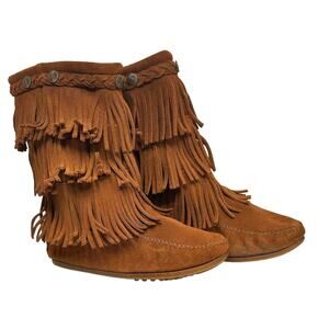 Minnetonka Girl's Suede 3 Layered Fringe Boho Hippie Side Zip Calf Boots Size 4
